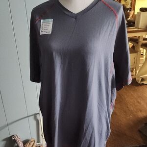 Reel Legends Men's Charcoal V-Neck Shirt with Red Stitching